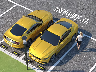 Two Yellow Ford Mustang Cars Parked In Parking Lot With Woman Standing Nearby 3d model