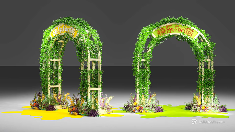Green Vine Decorated Activity Doorway Arches with Happy Time Yellow Letters and Colorful Flowers 3d model 