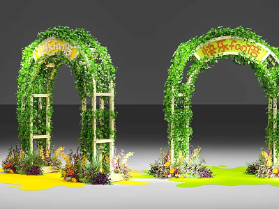 Green Vine Decorated Activity Doorway Arches with Happy Time Yellow Letters and Colorful Flowers 3d model