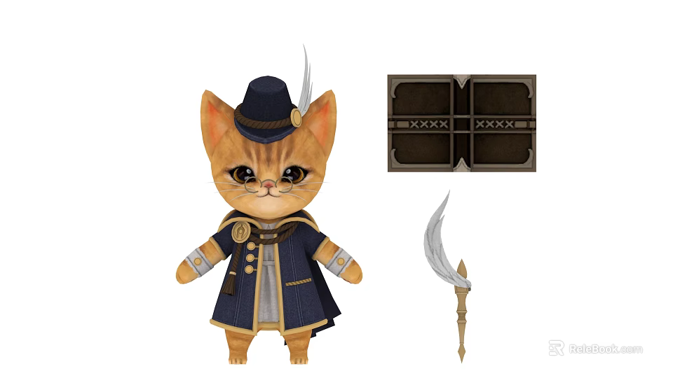 Game Movie Cat Character In Blue Coat Hat With Feather Holding Badge And Quill Pen 3d model 
