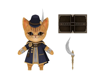 Game Movie Cat Character In Blue Coat Hat With Feather Holding Badge And Quill Pen 3d model