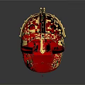Medieval Knight Wearing Golden Helmet With Green Red Ornaments And Spikes