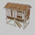 Traditional Rustic Wooden House With Straw Roof Elevated Structure Lattice Windows And Wooden Ladder
