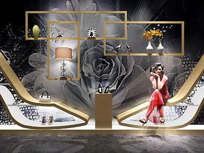 Elegant Display Shelves Featuring Golden Frames Large Rose Pattern Background Lamp Vase Flowers And Handbag 3d model