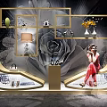 Elegant Display Shelves Featuring Golden Frames Large Rose Pattern Background Lamp Vase Flowers And Handbag