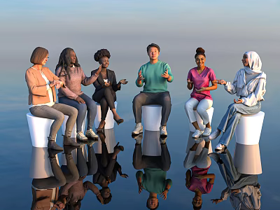 Diverse Group of People Sitting On White Stools With Reflective Floor Interaction 3d model