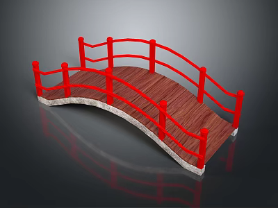 Decorative Wooden Garden Bridge With Red Railings And Arched Wooden Deck 3d model