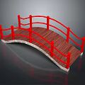 Decorative Wooden Garden Bridge With Red Railings And Arched Wooden Deck