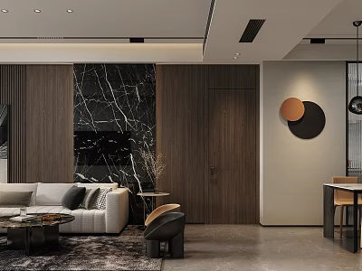 Modern Living Dining Room With Beige Sofa Marble Accent Wall Wooden Panel And Circular Decor 3d model