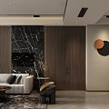 Modern Living Dining Room With Beige Sofa Marble Accent Wall Wooden Panel And Circular Decor