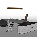 Modern Office Desk With Marble Top Ergonomic Chair Leather Seat And Hanging Pendant Light