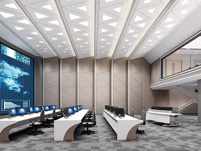 Modern Monitoring Room Interior Featuring Large Screens Control Desks And Monitoring Equipment 3d model