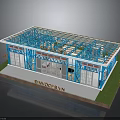 Steel Structure Building Model Featuring Blue Framework DAVCOCKS VN And Grass Area 3d model