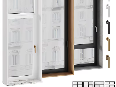 Modern Casement Windows With White Black Frames And Metal Handles For Home Exterior 3d model