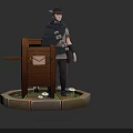 Adventurous Character Standing By Wooden Mailbox With Grass And Small Flowers On Circular Stone Base