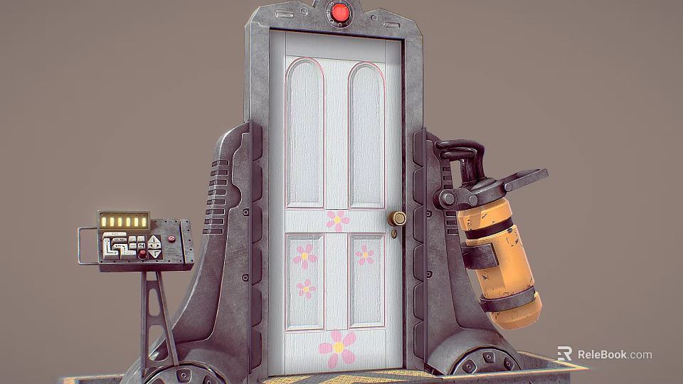 White Mechanical Door With Floral Patterns Red Light Control Panel And Yellow Device 3d model 