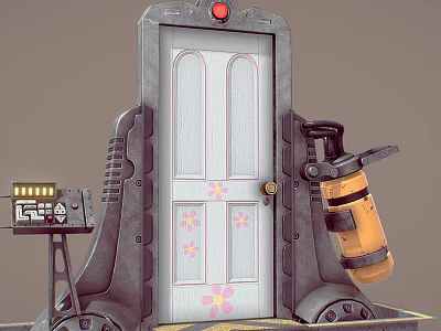 White Mechanical Door With Floral Patterns Red Light Control Panel And Yellow Device 3d model