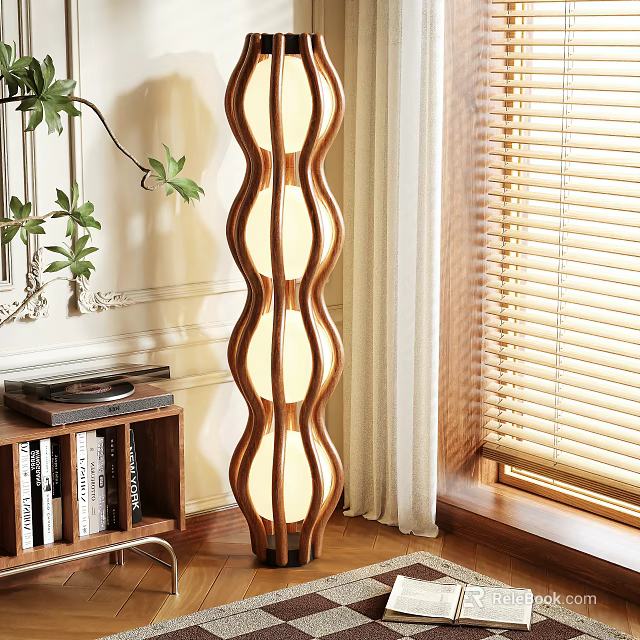 Wooden Wave Design Floor Lamp Creates Cozy Living Room Ambient Lighting With Plants And Bookshelf 3d model 
