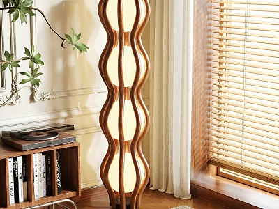 Wooden Wave Design Floor Lamp Creates Cozy Living Room Ambient Lighting With Plants And Bookshelf 3d model