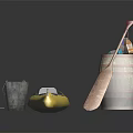 Outdoor Yellow Kayak Setup With Wooden Barrel Small Red Flag Cup And Two Paddles