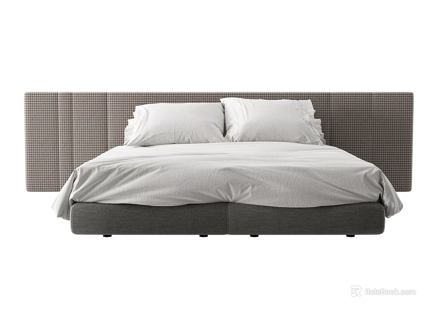 Modern Double Bed With Gray Checkerboard Headboard Light Colored Sheet And Pillows 3d model