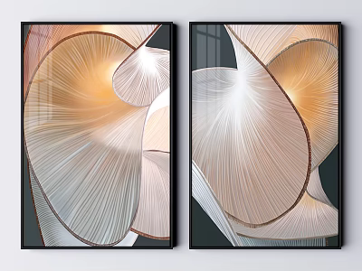 Abstract Modern Wall Paintings With Soft Curved Lines Beige White Brown Tones Black Framed Decor 3d model