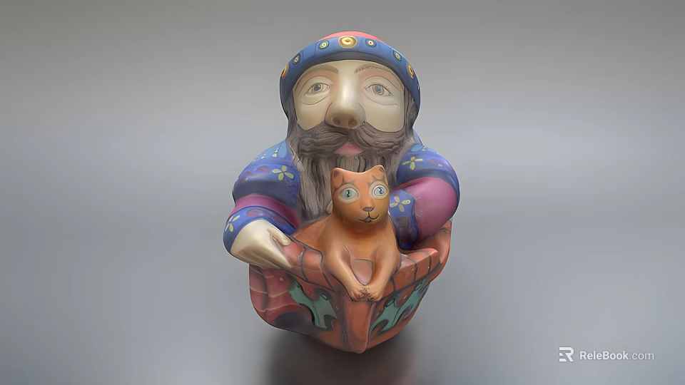 Colorful Bearded Figure Sculpture Carving Holding Orange Cat With Decorative Hat 3d model 