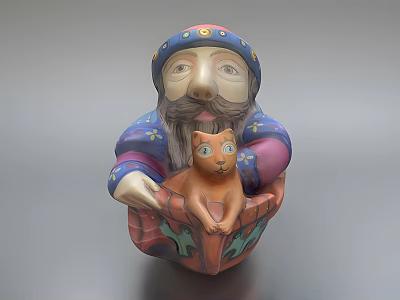 Colorful Bearded Figure Sculpture Carving Holding Orange Cat With Decorative Hat 3d model