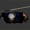 Man with Mechanical Arm and Long Rifle in Cyberpunk Gray Vest and Black Pants