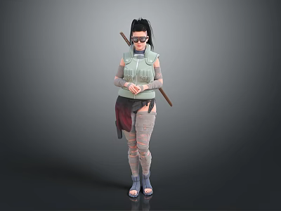 Ninja Style Character With Black Long Hair Green Vest Arm Bandages And Long Staff 3d model