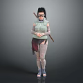 Ninja Style Character With Black Long Hair Green Vest Arm Bandages And Long Staff