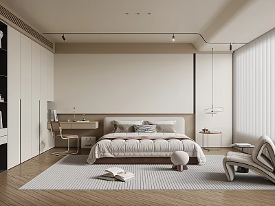 Modern Minimalist Bedroom Interior With Bed Wardrobe Chair Rug And Wooden Flooring 3d model