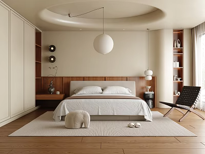 Modern Bedroom Interior Design With Circular Ceiling White Pendant Light Wooden Headboard And White Bedding 3d model