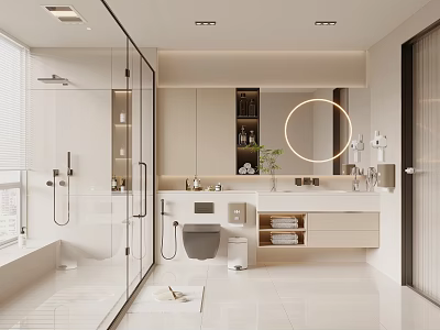 Modern Bathroom Interior With Glass Shower Vanity Round Mirror And White Tiles 3d model
