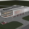 Modern Building Exterior With Red Brown Facade Glass Windows Tower Parking And Green Lawns