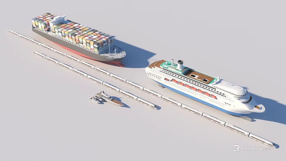Luxury Yacht Moored Near Large Cruise Ship And Container Ship Along Railway Tracks 3d model 