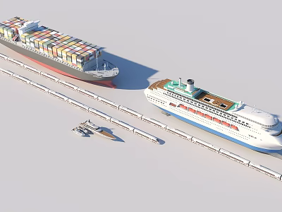 Luxury Yacht Moored Near Large Cruise Ship And Container Ship Along Railway Tracks 3d model