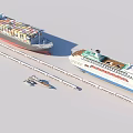 Luxury Yacht Moored Near Large Cruise Ship And Container Ship Along Railway Tracks