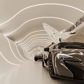 Modern Tunnel Interior With White Wave Lighting Black Cars And Modern Furniture