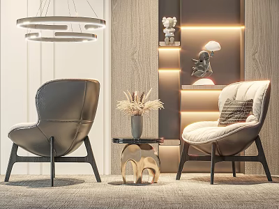 Modern Leisure Chairs with Leather Fabric Wooden Wall Shelf Pendant Light Side Table Dried Flowers 3d model