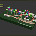 Cartoon Scene Featuring Green Ground Palm Trees Curved Path And Small Buildings