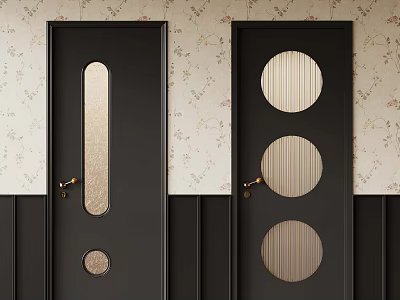 Dark Wooden Doors With Oval And Circular Glass Panels On Floral Wallpaper Background 3d model