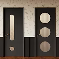 Dark Wooden Doors With Oval And Circular Glass Panels On Floral Wallpaper Background