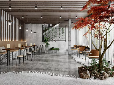 Modern Café Interior Design With Red Maple Tree Staircase Greenery And Pebble Floor 3d model