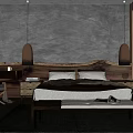 Warm Bedroom Interior With Textured Wall Wooden Headboard Pendant Lights Bench And Blinds