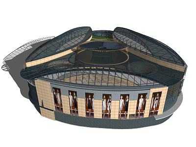 Modern Circular Building Design With Dome Roof Arched Windows And Metal Framework 3d model