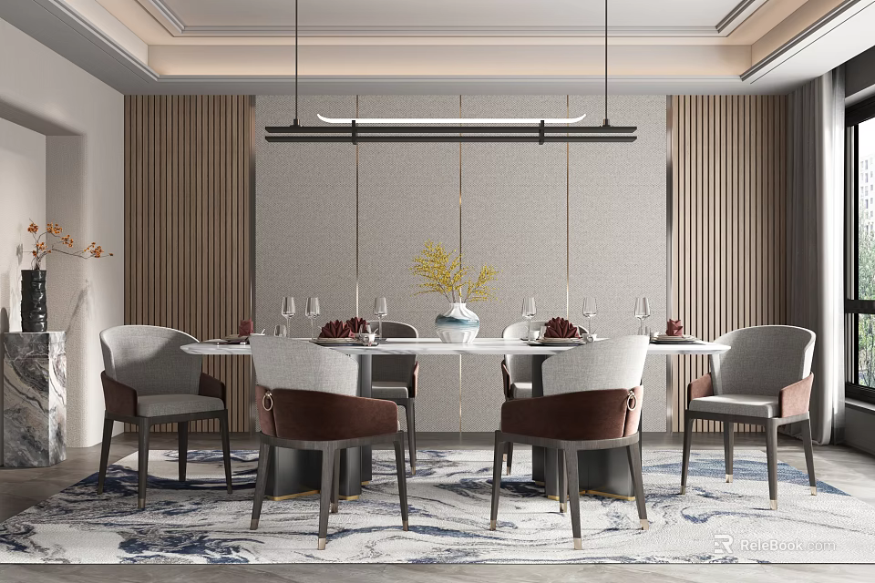 Modern Elegant Restaurant Interior Featuring Dining Table Pendant Lights Chairs Vase with Flowers and Rug 3d model 