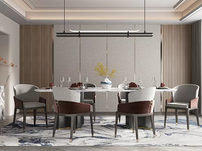 Modern Elegant Restaurant Interior Featuring Dining Table Pendant Lights Chairs Vase with Flowers and Rug 3d model