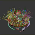 Miniature Garden Plants With Red Mushrooms Green Grass And Small Flowers