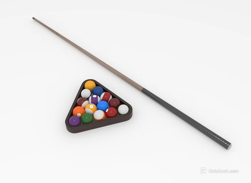 Billiard Cue Stick With Colored Balls In Triangle Rack For Pool Game 3d model